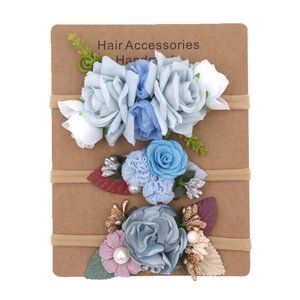 3 x Newborn Baby Girl Floral Headbands, Blue
